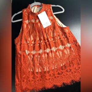 Love Fire Burnt Orange & Tan Lace Sleeveless Halter Style Size Large NWT